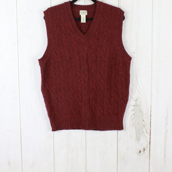 LL Bean Red 100% Wool Shetland V-Neck Cable Knit Pullover Vest Size L - Picture 3 of 9